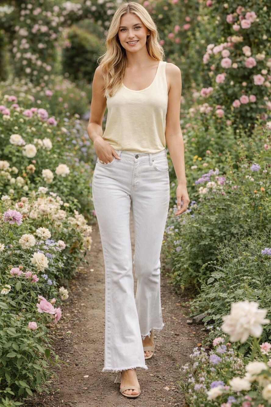 FRAME Le Easy Flare White Jeans Raw Hem Boho Casual Chic Stretch Sz 34 waist